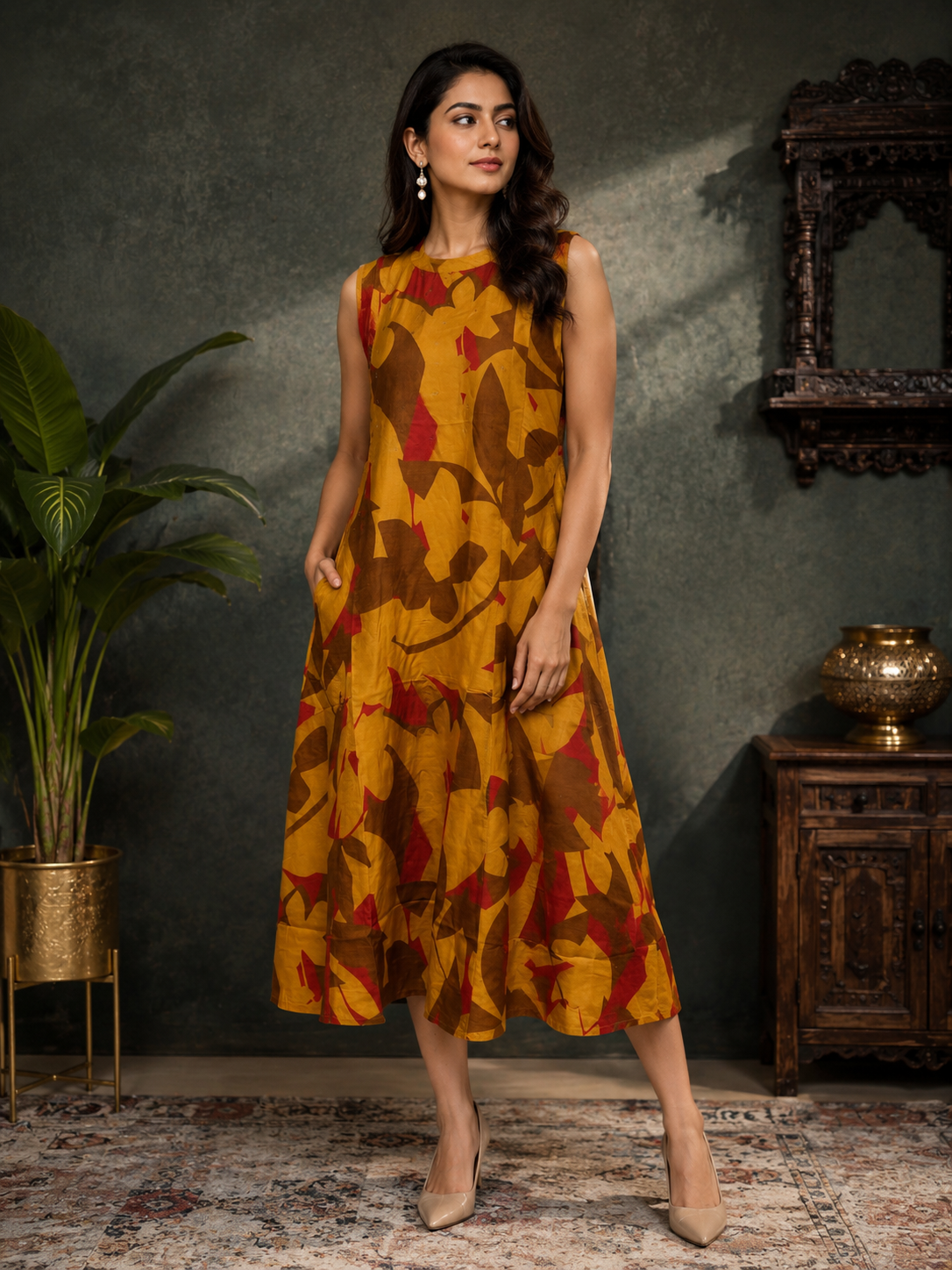 Mustard Yellow Muslin Silk Floral Printed A-Line Dress for Women